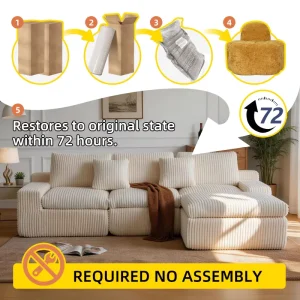 Three Seat L Shaped Sectional Sofa Boneless Foam Modular Corduroy Chaise Fluffy Plush Living Room Canape Compression Fabric Sofa