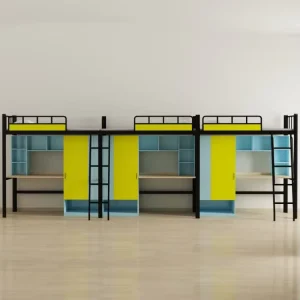 Three-person Modern Iron Connected Bunk Bed Integrated Desk Adjustable Design for School Dormitories Commercial Use