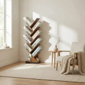 Tier Tree Bookshelf Vertical Bookcase Floor Standing Storage Shelf for Books CDs Magazines Living Room Bedroom Office