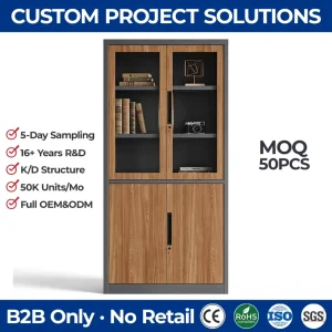 Timber Effect Heat Transfer Metal Cabinet Anthracite Grey Frame 2 Door Steel Office Cupboard for Executive Suite