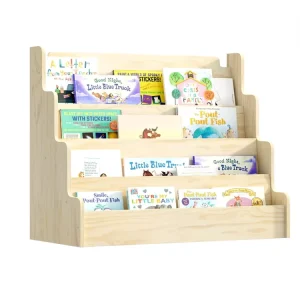 Toddler 4 Tier Wood Bookcase Storage Rack Montessori Kids Wooden Display Bookshelf