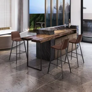 Top grade Cowhide Genuine Leather Oil Wax Modern Light Luxury Nordic Style Non Adjustable Height Bar Stool