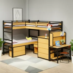 Topohut Factory Customized Modern Metal Ergonomic L Shape Student Triple Bed with Desk