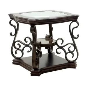 Traditional 2 Tier Glass Top End Table Scroll Metal Frame Side Table for Living Room Entryway