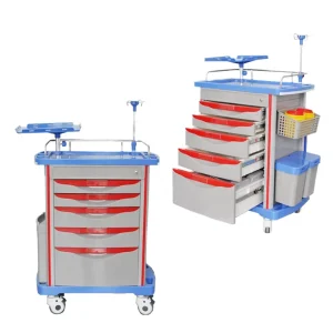 Traditional Design Hospital Plastic Emergency Medical Trolley Cart IV Pole Medicine Crash Cart 5 Drawers Central Lock 4 Castors