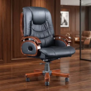 Traditional Executive Office Chair Black Synthetic Leather Adjustable Height Swivel Wooden Base Fixed