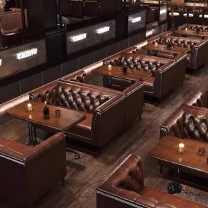 Traditional High End Nightclub Customized Leather Button Sofa Couch Seating Cigar Whisky Cocktail Wooden Table Set Bar Furniture
