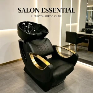 Traditional High Quality PU Leather Black Gold Shampoo Chair Ceramic Basin Reclining Multifunction Hair Washing Station Bathroom