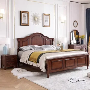 Traditional Mahogany Wood Bedroom Set for Hotels Solid Wood Bed with Drawers Hand Carved Space Saving Features