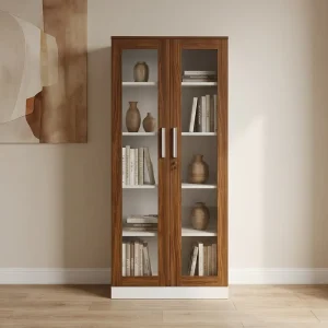 Traditional Metal Glass Door Storage Cabinet 5 Shelves Lockable Modular Space Saving Durable Display File Kitchen School Hotel