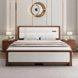 Traditional Natural Furniture Solid Wood Queen Bed Frame Nordic with Headboard Manufacturer Production with Soft Bedside