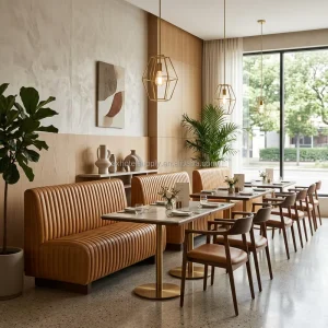 Traditional Square 2 Seater Restaurant Booth Seating Orange Leather Banquette Sofa Marble Top Dining Table Chairs Set for Cafe