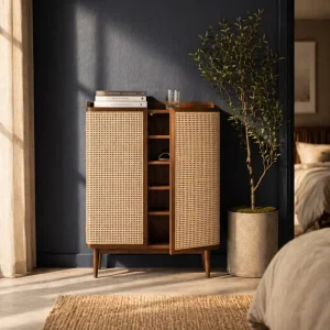Traditional Wood Shoe Cabinet with 2 Rattan Doors 4 Inner Shelves Antique Storage Fence Top Shoe Rack Entry Living Room