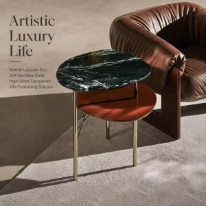 Trapeze Tiered Natural Marble Top Lacquered Shelf Tripod Metal Base Villa Hotel Apartment Accent Side Coffee Table