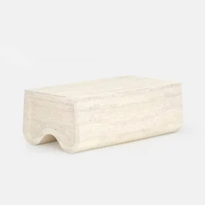 Travertine Coffee Table Monolithic Wave Cutout Base with Rounded Rectangle Top Wabi Sabi Living Room Center Table