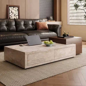 Travertine Coffee Table TV Cabinet Combination Living Room Home Mid Century Style Rectangular Modern Simple No Assembly