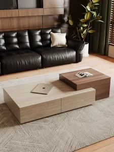 Travertine Slab Mid Century Modern Minimalist Coffee Table Combo with TV Cabinet and Storage Space No Assembly Required