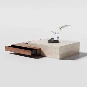 Travertine Stone Coffee Table Mid Century Style Solid Wood Board for Small Living Rooms Extendable No Assembly Required Storage