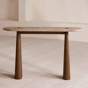 Travertine Stone Top Wood Leg Coffee Table Minimalist Oval Side Table for Living Room Household Modern Accent Home Furniture