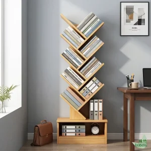 Tree Shaped Bookshelf 10 Tier Freestanding With Open Base Cabinet Anti Tip High Capacity for Home Use Bookcase Storage Unit