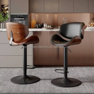 Trending Curved PU Leather Bar Stools with Wooden Trim for Kitchen Island Comfortable Ergonomic Counter Stools for Home Bar
