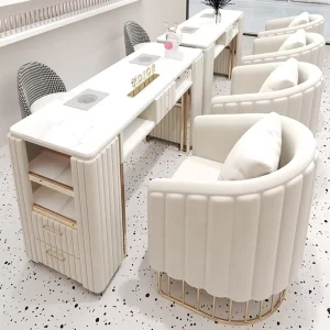 Trendy Simple Design Nordic Style Metal Nail Salon Manicure Table Chair Set with Marble Top Single Double Options Nail Table