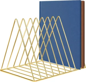 Triangular Gold Metal Bookend Holder 9 Slot Magazine Newspaper Rack Durable Iron Powder Coated Modern Simplicity Decoration