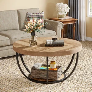 Tribesigns 31.7″ Oval Coffee Tables 2-Tier Simple Coffee Tables With Storage Shelves Modern Wooden Accent Center Table