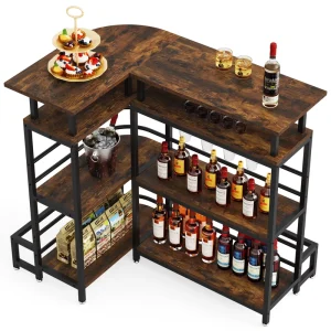 Tribesigns L Shaped Liquor Bar Table Bar Unit With 4 Tier Shelves & 4 Glass Holders