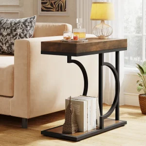Tribesigns Narrow Side Table Brown Black C Shaped End Table Modern Bedside Tables for Couch Small Sofa Tables with Metal Frame