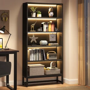Tribesigns Tall Bookcase with LED Lights 70.8″ Black 5-Tier Free-Standing Bookshelf Heavy Duty Storage for Living Room Bedroom