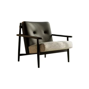 Trio Style Lounge Chair Black Leather & Linen Fabric Accent Chair with Solid Wood Frame
