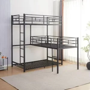 Triple Bunk Bed Metal Frame L-Shaped Corner Twin Size Iron Bedstead Heavy Duty 3 Tier Beds for Hostel School Dormitory Apartment