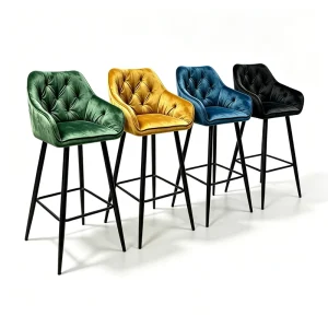 Tufted Velvet Bar Stool Upholstered Bar Chair with Square Footrest for Kitchen Bar Cafe