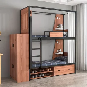 Twin Double Decker Metal Bunk Bed with Curtains and Cabinets for Hotels, Youth Hostels, Bedrooms, Schools, Dormitories