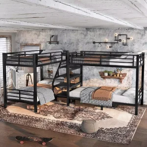 Twin Size Industrial Metal Bunk Bed Frame with Storage Shelves for 4 Kids Teens Bedroom & School Use
