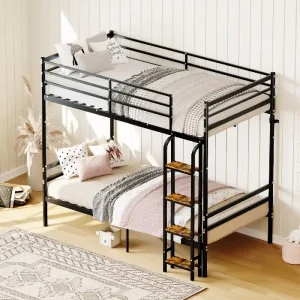 Twin Size Metal Bunk Bed Frame Panel Industrial Ladder Space Saving Heavy Duty Modern Kids Teens Bedroom Furniture School