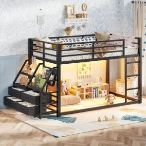 Twin Size Metal Dormitory Bunk Bed Storage Shelves Drawers LED Lights No Box Spring Modern Design Space Saving Heavy Bedroom