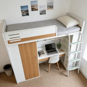 Twin Size Metal Loft Bed with Desk and Wardrobe Space Saving School Bunk Bed Storage Shelves Ladder Modern Bedroom Furniture