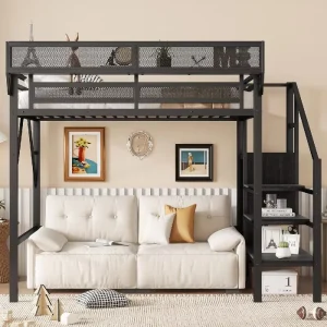 Twin Size Modern Metal Loft Bed with Stair Storage Shelves & Wardrobe for Kids Teens Dormitory Bedroom Use ODM OEM Available