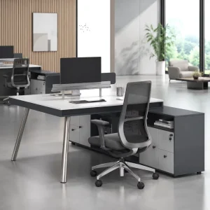 Two Person Office Workstation with Slanted Metal Legs and Integrated Side Storage Cabinet Modern Staff Desk with Privacy Screen
