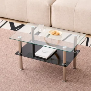 Two Tier Glass Coffee Table with Chrome Legs Stylish Rectangular Center Table for Living Room