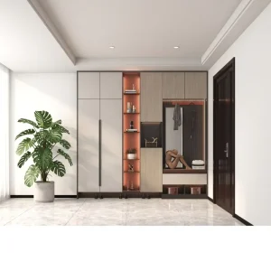 Two Tone Hallway Shoe Cabinet Custom Built Tall Open Shelves Integrated Lighting Shoe Cabinet