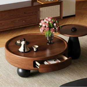 Two Tone Nesting Circular Coffee Table Natural Wood Storage Drawer Round Tea Table Modern Retro Home Combination Side Table