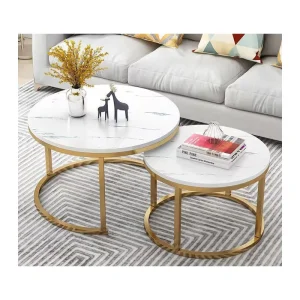 Two piece Contemporary Round Nesting Center Table Gold Metal Side Wooden Tea Coffee Table Set