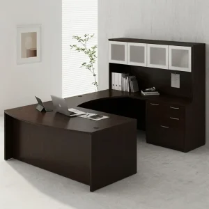 U Shape Executive Office Desk Set With Drawer And Back Wall Cabinet Bookcase Classic Wood Office Table Desk Set