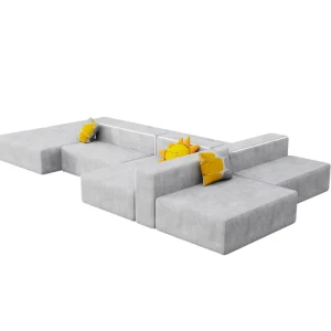 U Shape Light Grey Sectional Modern Taslan Reclining Sofa Set with Sofa Bed for Hotel Apartment Basement Living Rooms