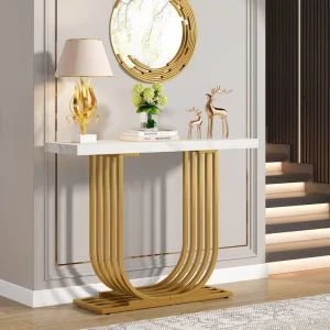 U-Shaped Base 39 Inch Entryway Sofa Table Luxury Modern Faux Marble Top Wood Console Table Desk for Hallway