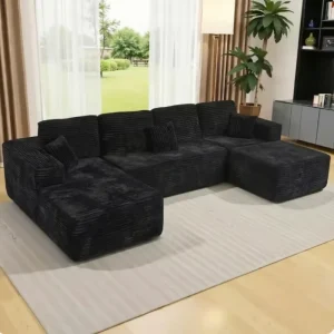 U Shaped Modular Combination Cloud Sofa Deep Seated Comfortable Corduroy Fluffy Sponge Black Apartment Studio