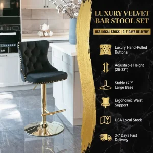[US Stock] Modern Bar Stools Set of 2 Comfortable Tufted Gold Base Upholstered Back Fast Delivery From US MOQ 1 Set